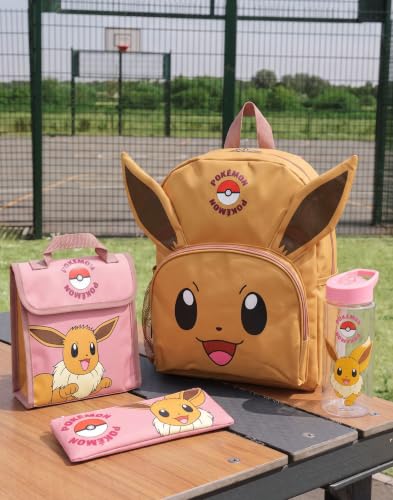 Pokémon Eevee Kids 4 Piece Backpack Set Brown Pink Rucksack Lunch Bag Pencil Case Water Bottle School Accessories Bundle