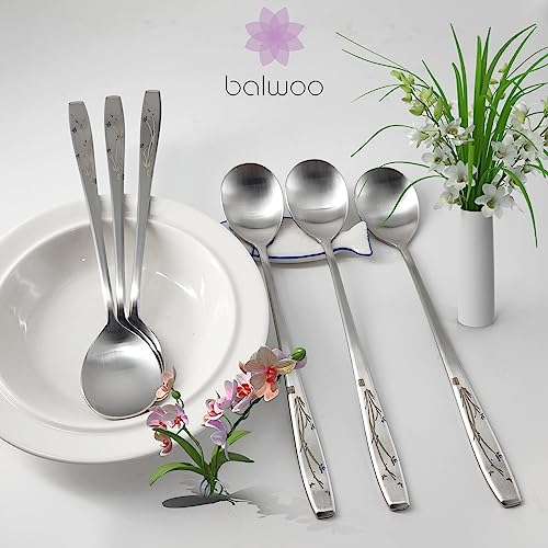 [6 P][Made in Korea] Korean Style Soup Spoon 8.5 inch Premium 304(18/10) Stainless Steel Dessert Spoons Dinner Spoon, Table Spoon, Rice Spoon Ice Cream Scoop (Orchid Painting) Orchid Painting