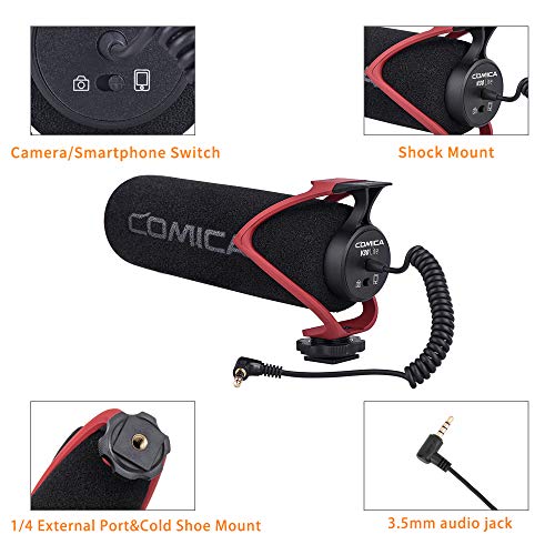COMICA CVM-V30 LITE Video Microphone,Super-Cardioid Condenser On-Camera Shotgun Microphone for Canon Nikon Sony Panasonic DSLR Cameras,Mic for iPhone Android Smartphone with 3.5mm Jack(Red) Red