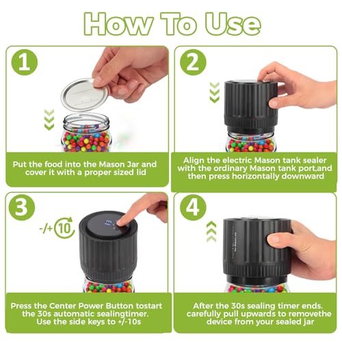 Electric Mason Jar Vacuum Sealer Kit, 3 in 1 Cordless Vacuum Sealer Machine for Wide & Regular Mouth,Seal Containers with Can Opener, Lids for Food Storage and Fermentation 4.1"*3.8" Black