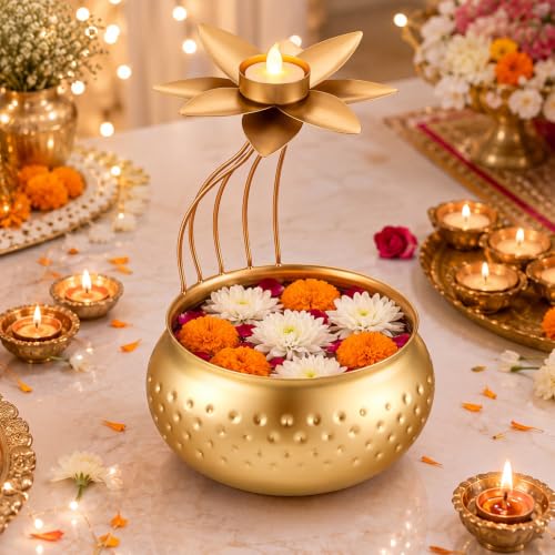 LemonRoad Diwali Urli Bowl with Lotus Tealight Candle Holder 10 Inch