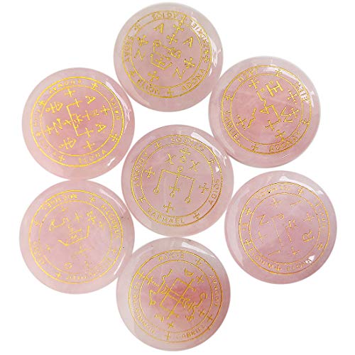 7 Piece Archangel Engraved Crystal Stone Set, Natural Gemstone Palm Disc with Gold Magic Symbols, Spiritual Decor Meditation Pocket Stone Gift Set,Rose Quartz Rose Quartz