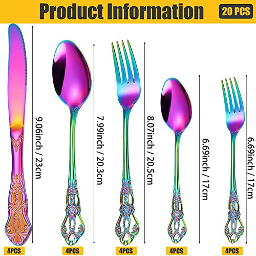 Vilihkc Gorgeous Retro Royal Stainless Steel 20 Pieces Flatware Set, Silverware Set, Anti-rust Stainless Steel Cutlery Set Utensils Including Fork Spoon and Knife Color 20-piece set