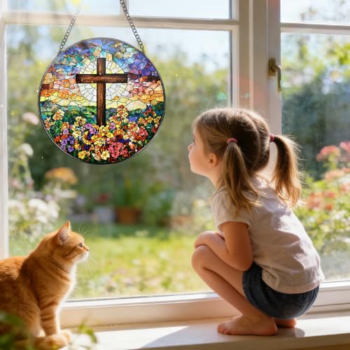 Stained Glass Window Hanging Suncatcher, Religious Gifts, Christian Gifts Cross