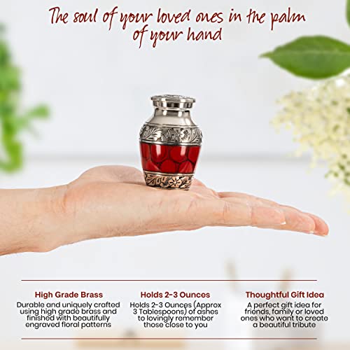 Small Keepsake Cremation Urns for Human Ashes with Velvet Heart Case and Funnel - Crimson : Deep Red Brass Hand Engraved Mini Memorial Urn Red/Crimson Small Keepsake Urn