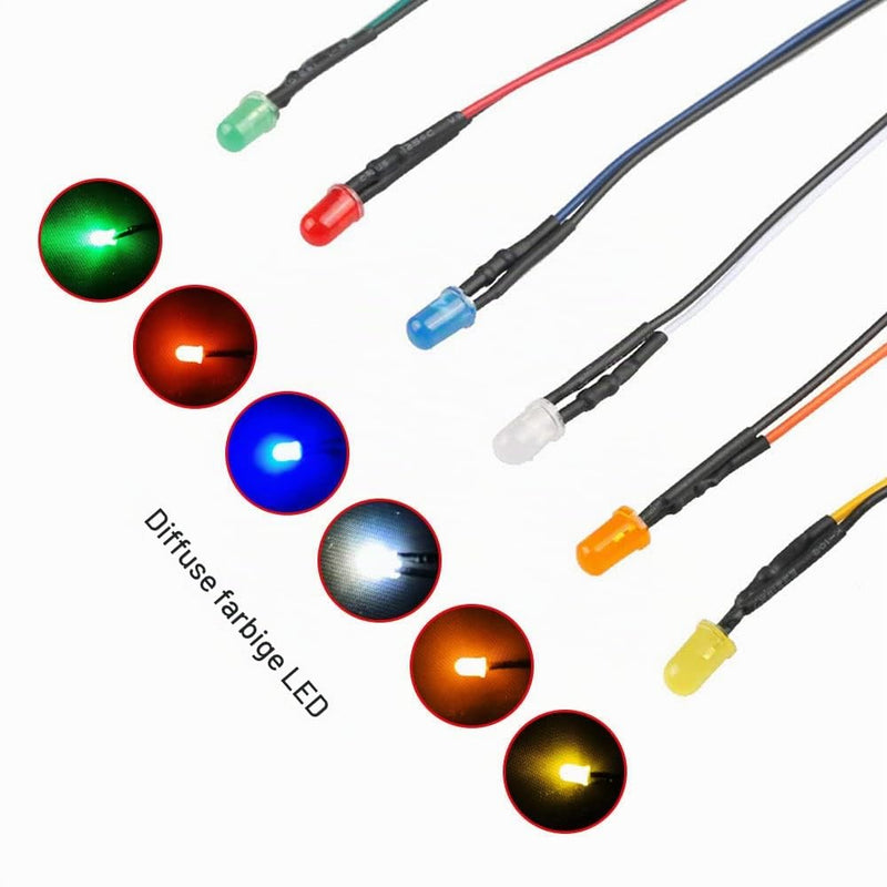 Yixisi Pack of 60 Pre-Wired LEDs, 12V 3mm Pre-Wired Diode Light, Diffuse Emitting Light Diode, Multi-Colour, Assorted Light, 20cm (Red, Yellow, Green, Blue, White, Orange, 10 Pieces each) Multicolor With Diffuser Colored Lens-60