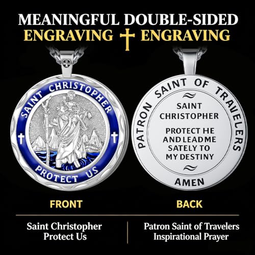 Saint Medal Necklace, Catholic Faith Jewelry, Religious Gift Silver Blue Saint Christopher