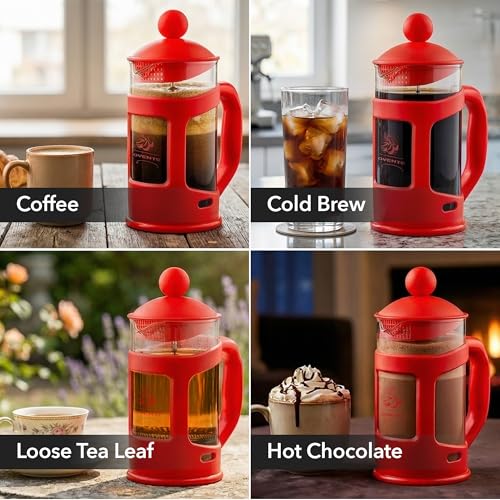 OVENTE French Press Coffee Maker 34oz with 4-Level Filtration, Red FPT34R 34 Ounce