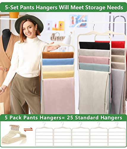 Magic Pants Velvet Hangers for Organization and Storage - Space Saving, 5 Pack Dorm Room Essentials for College Students Girls Beige Large