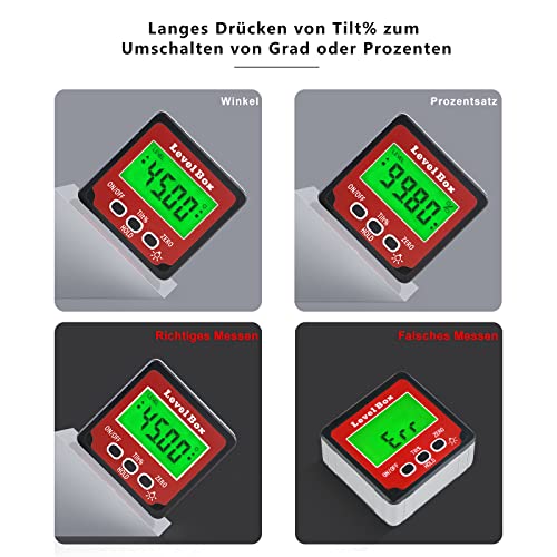 Digital LCD Protractor with Magnetic Base, IP54 Waterproof Inclinometer Bevel Box, Level Box Angle Measuring Device Inclinometer (Battery Included) Red