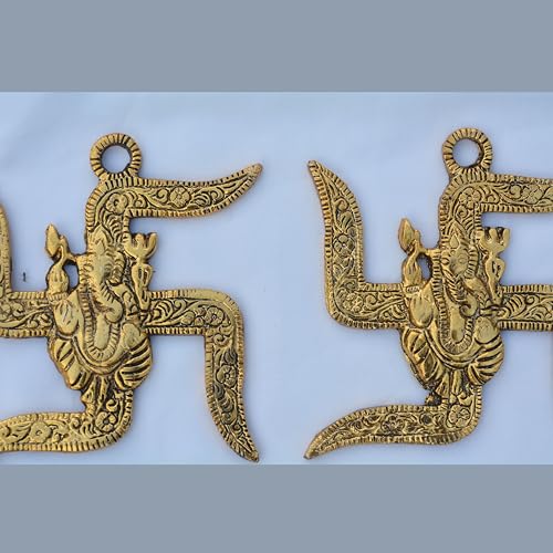 Metal Lord Ganesha Swastik Wall Hanging – 3.5'' Inch, Set of 2 – Traditional Hindu Décor for Home, Temple, Office, Entrance – Spiritual Gift Item for Housewarming, Festive Decoration