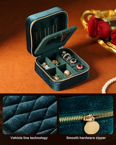 Velvet Jewelry Box – Travel Jewelry Case Organizer with Mirror, Adjustable Compartments for Women | Luxury Storage Case & Gift for Her - RubyRed