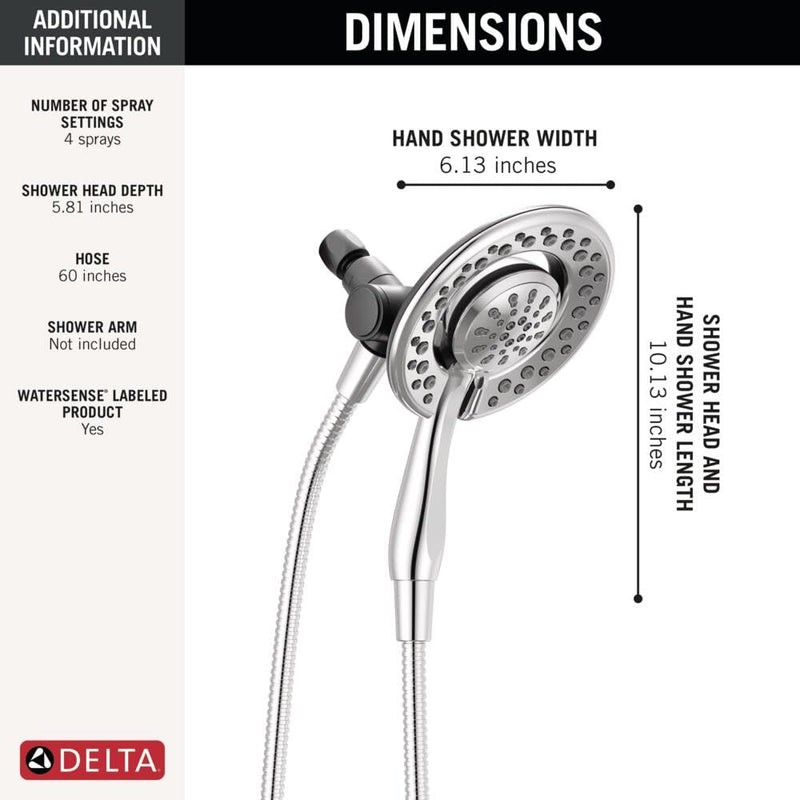 Delta 4-Setting In2ition 2-in-1 Dual Shower Head with HandHeld Spray, Chrome Detachable Shower Head with Hose, Showerhead, 1.75 GPM Flow Rate, Chrome 75486C
