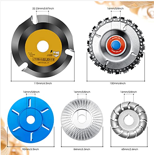 5 Pack Wood Carving 12 & 6 Tooth Grinding Wheel, 4.5" Shaping Disc, 22 Tooth Chain Grinder