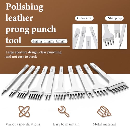 QMNNMA leather stitching punch set with 1, 2, 4, and 6-prong white steel chisels and storage bag