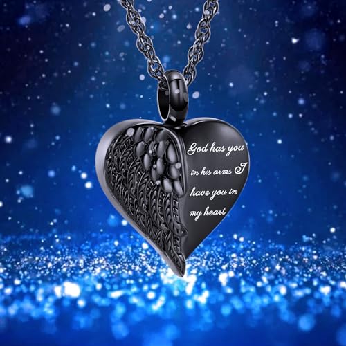 shajwo Cremation Heart Urn Necklace Ashes Jewelry for Women Men Keepsake Pendant Memorial Locket Ash Holder Wing-G1 Black