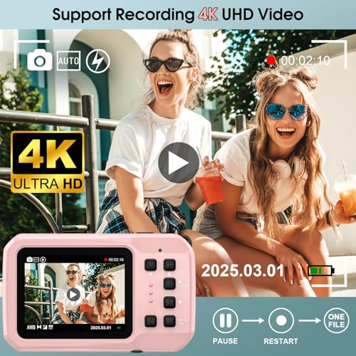 4K 64MP Underwater Camera Autofocus IPS HD Screen 16X Digital Zoom Fill Light, Floatable Waterproof Digital Camera, 16FT, Includes 16GB Card for Surfing Snorkeling Swimming, Pink
