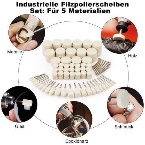 176 Pieces Wool Felt Polishing Discs Set, 5 Shapes, for Metal | Wollfilz Montierter Dorn Polierset mit 1/8" Polieraufsatz, Multifunktionale Polieraufsatz für Schmuck, Glas Polieren