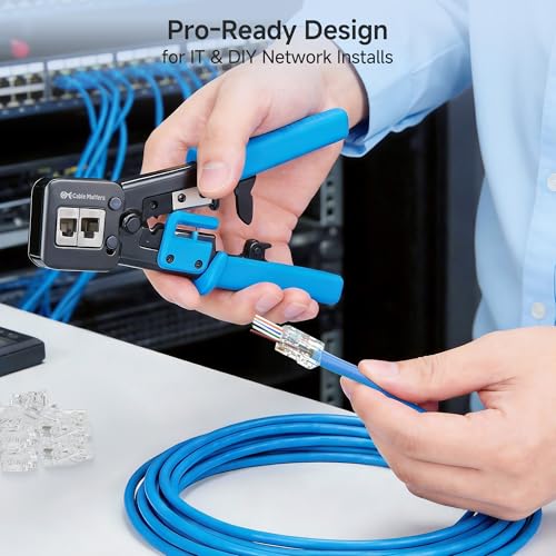 Cable Matters modular RJ45 crimp tool for pass-through connectors, black handheld crimper with cutting and stripping features