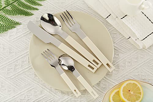 ANNOVA Silverware Set 20 Pieces Stainless Steel Cutlery Color Block Handle Modern Style Flatware - 4 x Dinner Knife; 4 x Dinner Fork; 4 x Salad Fork; 4 x Dinner Spoon; 4 x Dessert Spoon (Cream, White) Cream