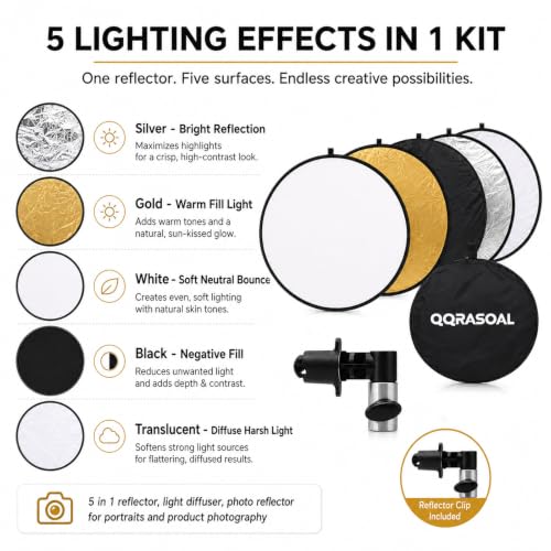 Large 5 in 1 Reflector Photography, 51in/130cm Photo Reflector with Clip open size:130cm/51inch