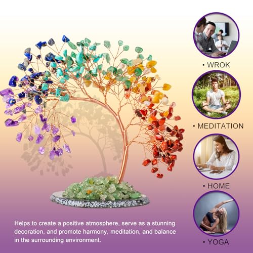 Runyangshi Natural Crystal Seven Chakras Agate Slice Tree of Life Natural Crystal Healing Stones Gemstone Trees Fengshui Good Luck Positive Energy Home Decor