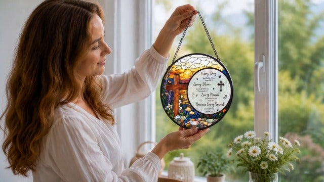 Cross Stained Glass Window Hanging, Bible Catchers Indoor Window Gifts for Grandma Mom Women Men, Christmas Wall Art Decor for Home Garden Doors Cross Bible