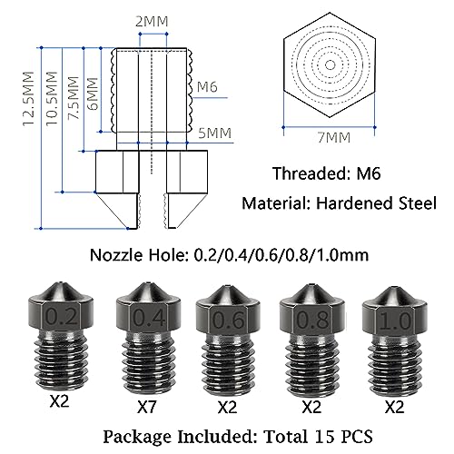 15pcs Hardened Nozzle Set for Anycubic Kobra 3D Printer, 7pcs 0.4mm Nozzles and 2pcs 0.2mm, 0.6mm, 0.8mm, 1.0mm Wear-resistant Nozzle Set for Anycubic Mega, Mega X, Chrion, Kobra Neo For Mega Hardened