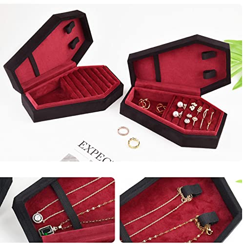 Velvet Coffin Jewelry Travel Case Holder for Gothic Wedding Ceremony Jewelry Organizer Decoration (Black and Red) Black and Red