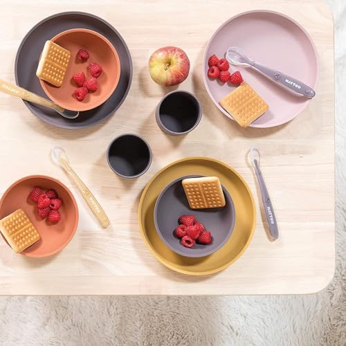 Nattou Silicone Tableware for Children, 4 Pieces, Plate + Bowl, Non-Slip, BPA-Free, Silicone, Green/Sand Pack of 1