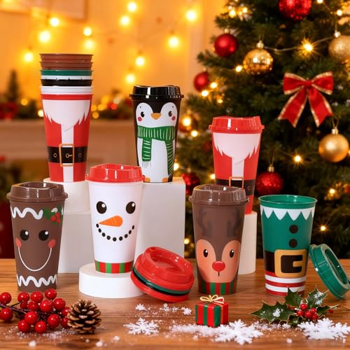 12 Pack Christmas Reusable Coffee Cups 16 oz Xmas Tumblers with Lid Santa Elk Snowman Gingerbread Penguin Plastic Travel Mug for Hot and Cold Drinks Thank You Gifts for Winter Holiday Party Supplies