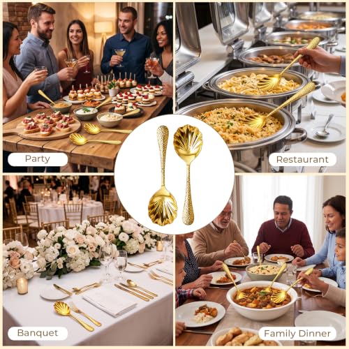 6 Pcs Shell Shape Serving Spoons, 9" Gold Serving Utensils, 304 Stainless Steel Serving Spoon for Buffet, Large Scalloped Spoon with Hammered Long Handle for Kitchen Restaurant Theme Party