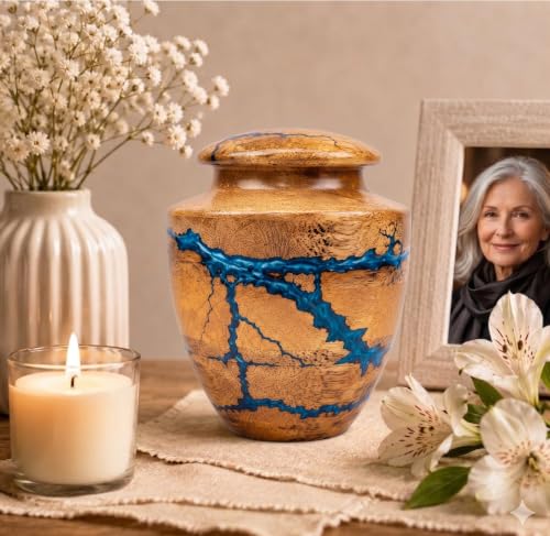 Wooden Handcrafted Urn (Small Keepsake (20 lbs)) in Capacity. Decorative urn for Ashes Blue Raising Urn for Man and Women Burial and Funeral Urn Handcrafted Unique Fractal Burning Design Small keepsake (20 lbs)