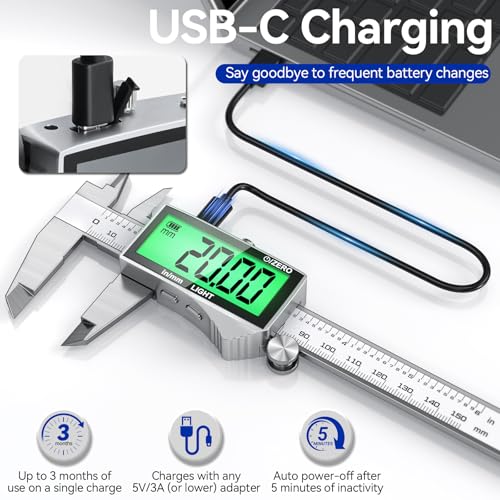 Preciva 150 mm Digital Calliper, Digital Calliper, Stainless Steel, Rechargeable, IP54, Waterproof, Electronic Calliper with LCD Display for Industrial, Electric, Automotive, Crafters