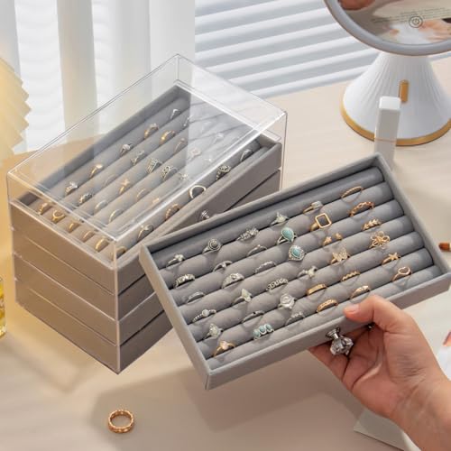 SPAKOWN Ring Box Display Holder, Clear Velvet Jewelry Storage Tray Organizer for Ring Stud Earring (Grey - 5 Drawers) Grey