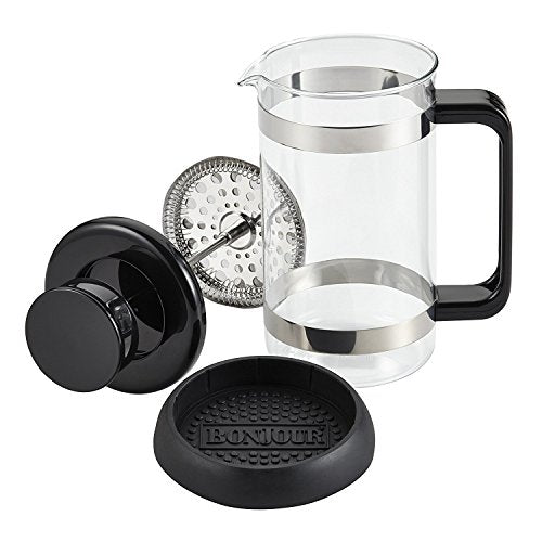 BonJour Coffee Borosilicate Glass French Press with Coaster & Scoop, 33.8-Ounce, Riviera, Black 33.8 oz