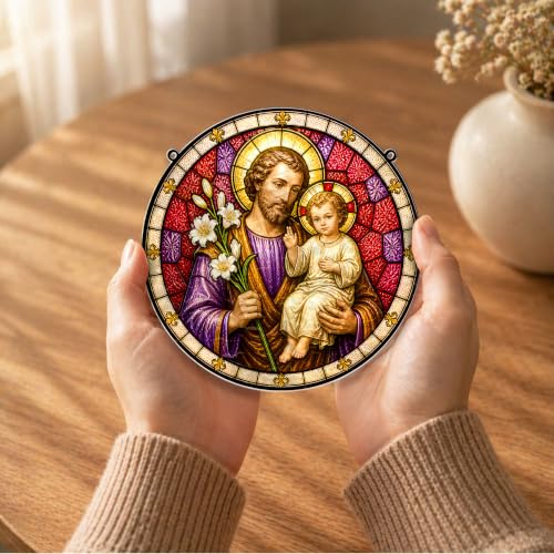 St Joseph Stained Glass Suncatcher, 8" Religious Wavy Acrylic Suncatcher for Windows Hanging, Catholic Gifts Decorations, St. Joseph Patron Gift, Christian Gifts for Men, Dad, Grandpa, Son, Friends