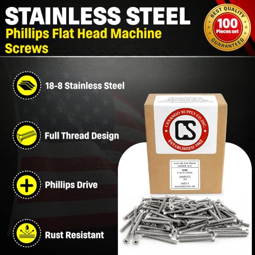 Chenango Supply 8-32 x 2-inch stainless flat head machine screws