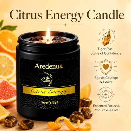 Citrus Scented Candle with Tiger's Eye Crystals, Gift for Women Men Black-Heal Black-H2
