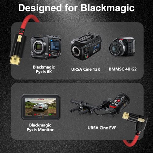 Alvin's Cables Ultra-Flexible Locking USB-C to USB-C Data-Transfer Cable for Blackmagic Pyxis Monitor, URSA Cine EVF, USB-C 3.2 10Gbps High-Speed Cable for Blackmagic Micro Studio 4K G2, 3.3ft Red Straight to Right Angle