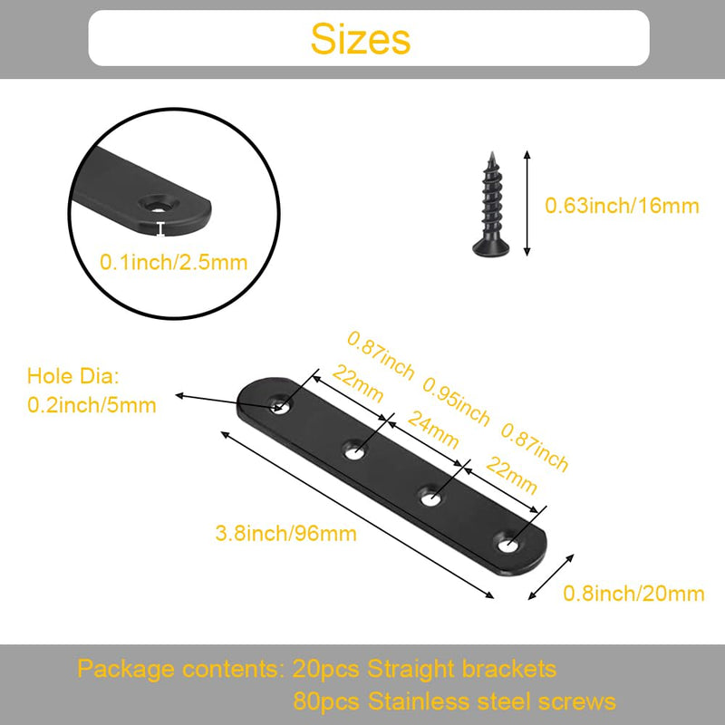 [Australia - AusPower] - 8 Pack Black Straight Brace Brackets 4 Inch Stainless Steel Flat Mending Plates, Heavy Duty Repair Fixing Joining Brackets for Wood with Screws Black 4" x 0.8" 8 