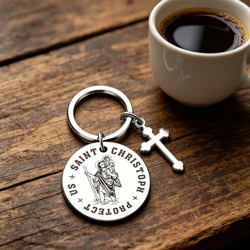 St Christopher Keyring Travel Gift for Men or Women, Christopher Keychain Token Medal, Saint Christophers Token Medal, for Safe Travels Saftey and Protection, New Car Gifts and Accessories