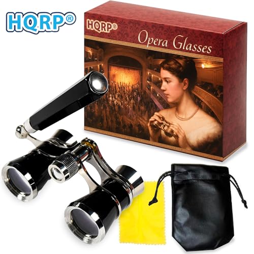 HQRP 3 x 25 Theatre Opera Glasses Binocular, Elegant Black Color with Silver Trim, Built-in Extendable Handle, Crystal Clear Optic (CCO), for Adults Kids Women in Musical Concert Sport Events etc. Black with Silver