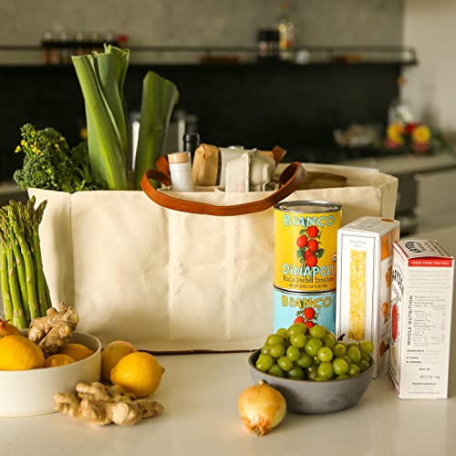 CapaBunga Grocery Tote Bag 5 Pocket Large Utility Tote with Handles Vegan Leather Base - Reusable Shopping Bags for Groceries Natural