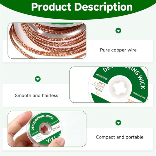 Desoldering Braid, 2.5 mm x 3.0 m, Copper Desoldering Wire, No-Clean Desoldering Wire, Copper Wire Desoldering Wick for Removing Solder and Disassembling Electrical Components, High Thermal
