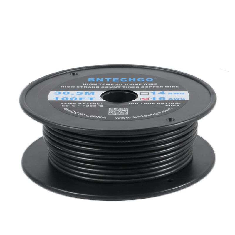 BNTECHGO 16 Gauge Silicone Wire Spool 100 ft Black Flexible 16 AWG Stranded Tinned Copper Wire silicone wire 100ft silicone wire black