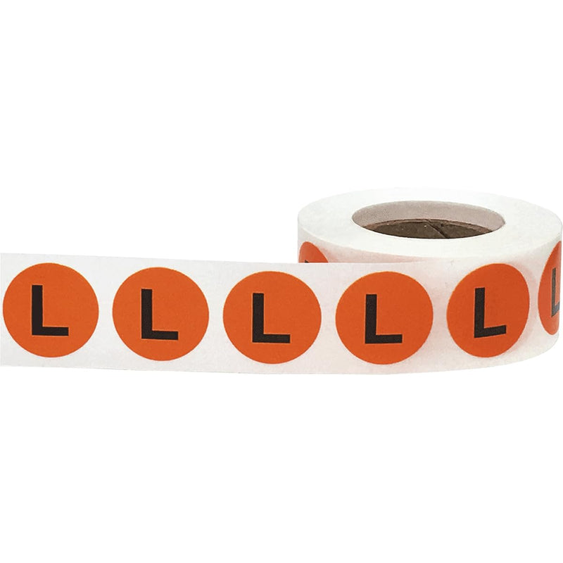Orange Circle Large L Clothing Size Stickers - 3/4 Inch Round, 500 Semi-Gloss Adhesive Labels Per Roll for Retail Apparel, Clothing Organization, and Inventory - Made in the USA