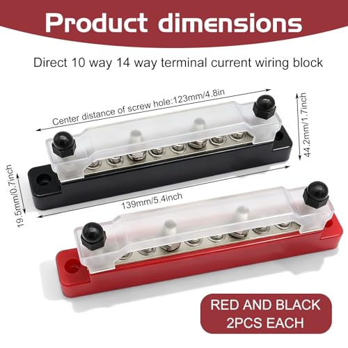 Pack of 4 Busbar Distribution Block, 12V-48V DC Power Distribution Block with Cover, 150A Busbar Block with 6 x M4 & 4 x M6 Terminal Bolts, Bolt Power Distribution for Car, Yacht, RV (Black Red)