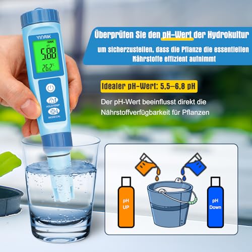 YINMIK pH Meter Digital pH EC Meter Grow Pool pH Meter | pH EC Meter for Hydroponics, TDS Tester for Drinking Water, 4-in-1 pH Conductivity PPM Temp Meter for Pools Aquarium blue pH meter