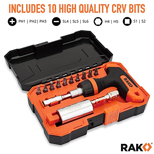 RAK universal socket tool set with T-handle ratchet driver, wrench grip, socket adapters, and screwdriver bits